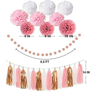 Pink Rose Gold Birthday Party Decorations Set, Rose Gold Glittery Happy Birthday banner, Tissue Paper Pom, Circle Dots Garland - Decotree.co Online Shop