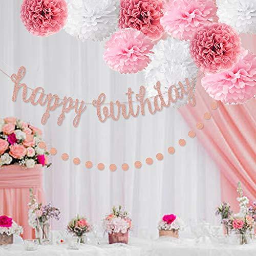 Pink Rose Gold Birthday Party Decorations Set, Rose Gold Glittery Happy Birthday banner, Tissue Paper Pom, Circle Dots Garland - Decotree.co Online Shop