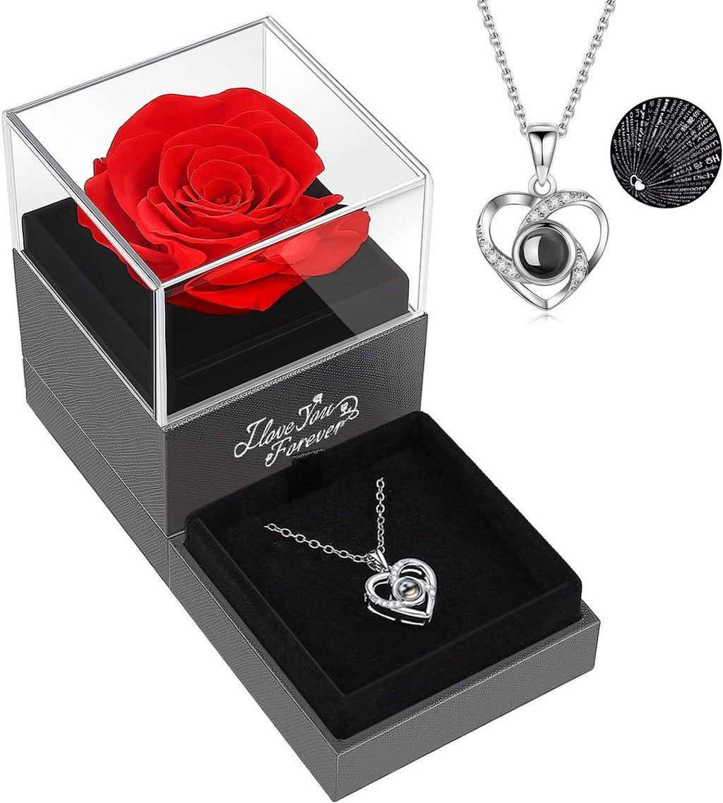 Preserved Red Real Rose with I Love You Necklace -Eternal Flowers Rose Gifts for Mom Wife - Decotree.co Online Shop