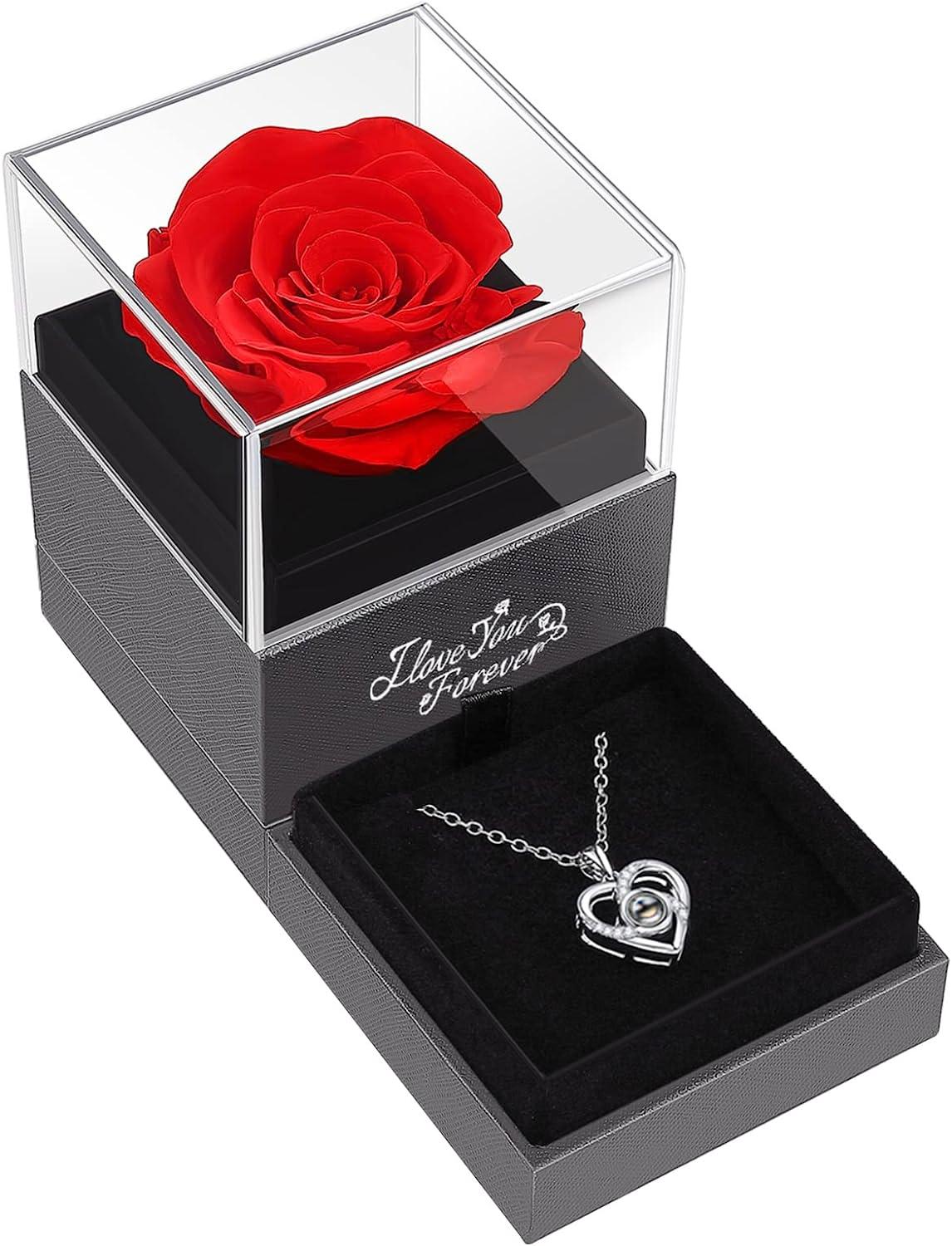 Preserved Red Real Rose with I Love You Necklace -Eternal Flowers Rose Gifts for Mom Wife - Decotree.co Online Shop