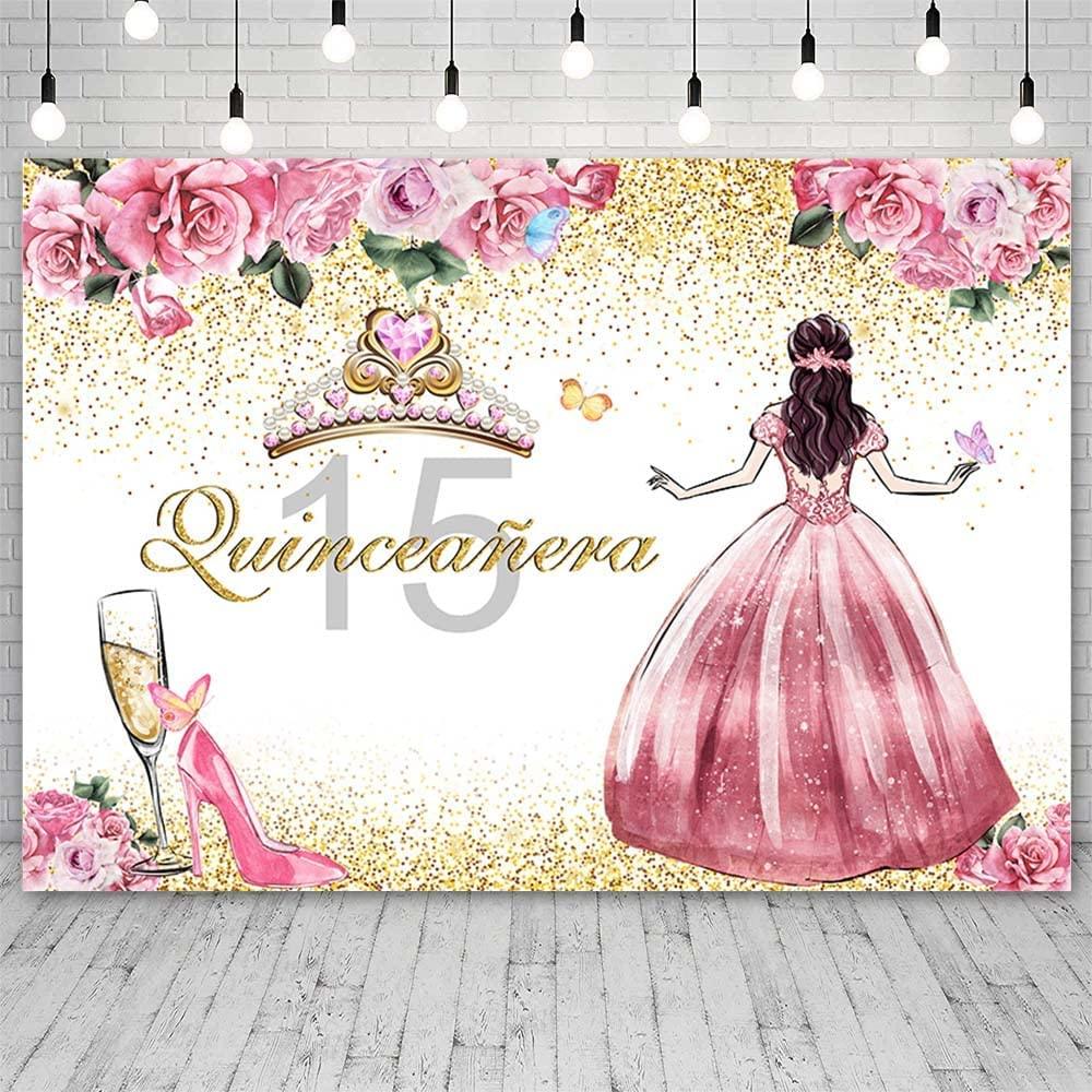 Quinceanera Backdrop for Girl Happy 15th Birthday Background Pink Flowers High Heels Crown Princess Birthday Party Decorations - Decotree.co Online Shop