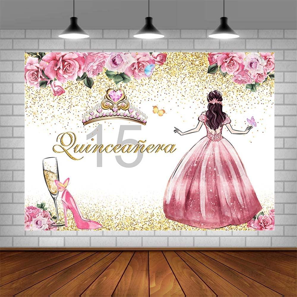 Quinceanera Backdrop for Girl Happy 15th Birthday Background Pink Flowers High Heels Crown Princess Birthday Party Decorations - Decotree.co Online Shop