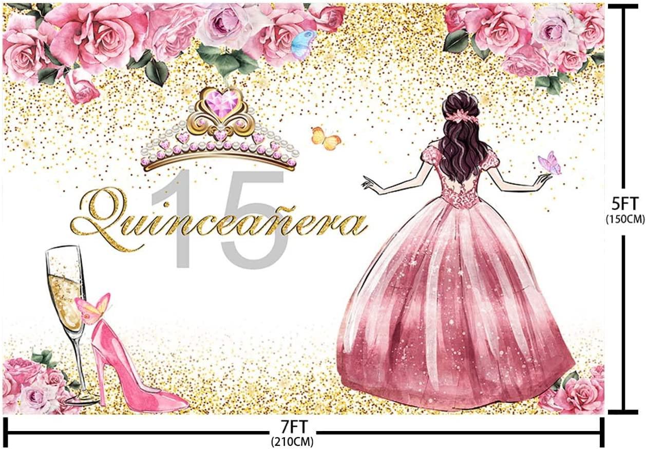 Quinceanera Backdrop for Girl Happy 15th Birthday Background Pink Flowers High Heels Crown Princess Birthday Party Decorations - Decotree.co Online Shop