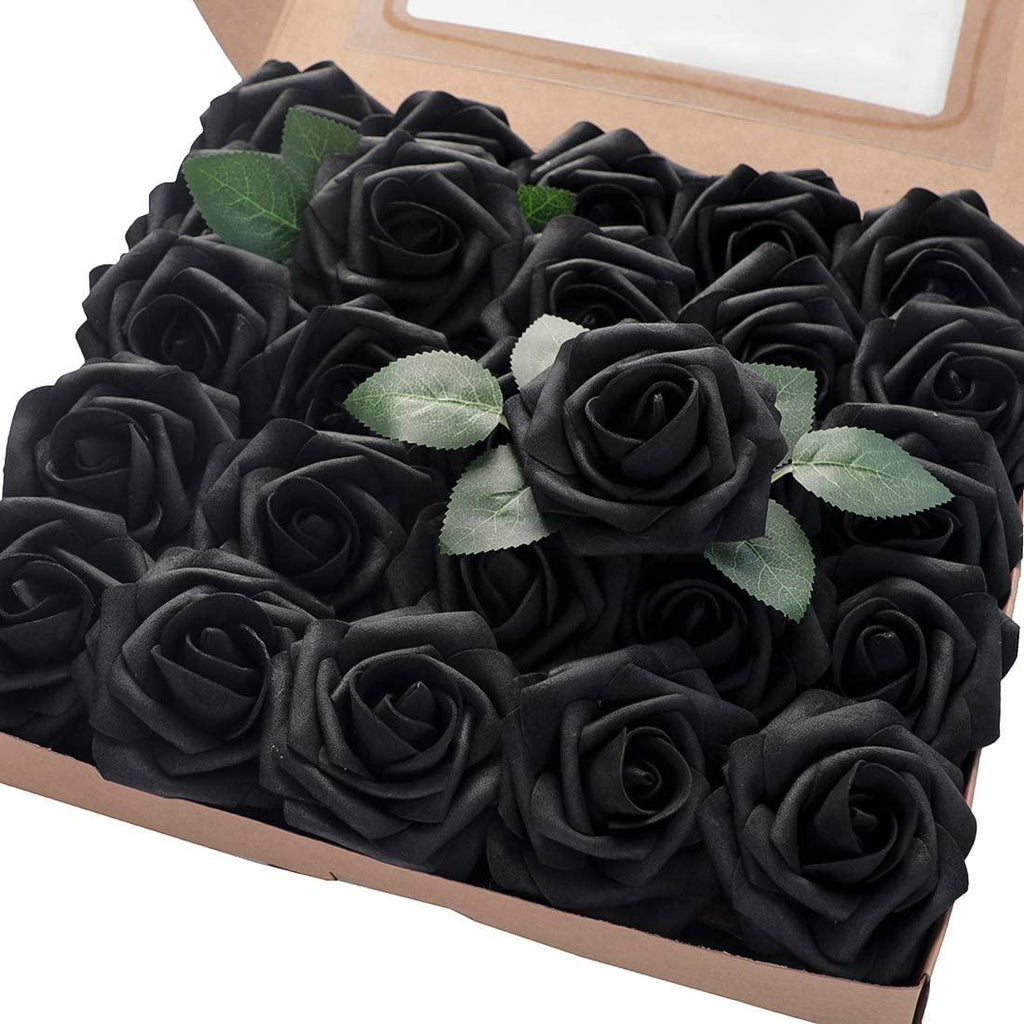 Real Looking Black Foam Fake Roses with Stems for DIY Wedding Bouquets Centerpieces Arrangements Party Decor - Decotree.co Online Shop