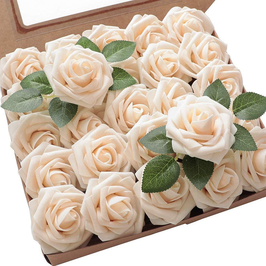 Real Looking Cream Foam Fake Roses with Stems for DIY Wedding Bouquets Bridal Shower Centerpieces Decor - Decotree.co Online Shop