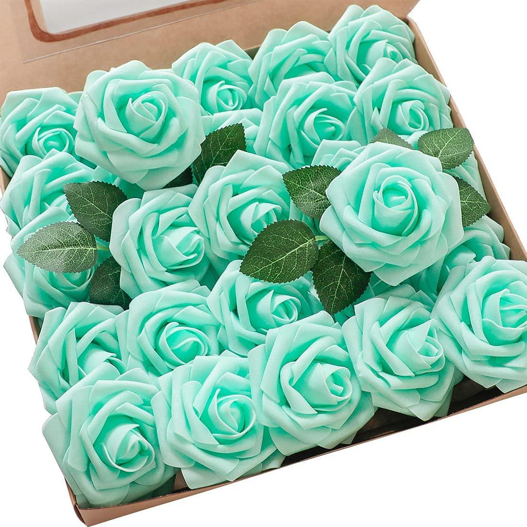 Real Looking Robin's Egg Blue Foam Fake Roses with Stems for DIY Wedding Bouquets Baby Shower Centerpieces - Decotree.co Online Shop