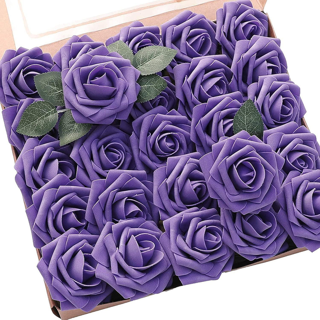 Real Looking Violet Foam Fake Roses with Stems for DIY Wedding Bouquets Bridal Shower Centerpieces - Decotree.co Online Shop