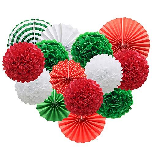 Red White Green Hanging Paper Party Decorations, Round Paper Fans Set Paper Pom Poms Flowers for Christmas Birthday Wedding Graduation Baby Shower - Decotree.co Online Shop