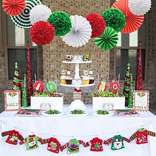 Red White Green Hanging Paper Party Decorations, Round Paper Fans Set Paper Pom Poms Flowers for Christmas Birthday Wedding Graduation Baby Shower - Decotree.co Online Shop