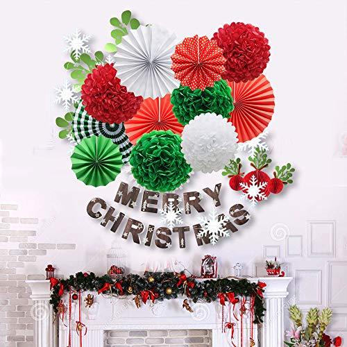 Red White Green Hanging Paper Party Decorations, Round Paper Fans Set Paper Pom Poms Flowers for Christmas Birthday Wedding Graduation Baby Shower - Decotree.co Online Shop