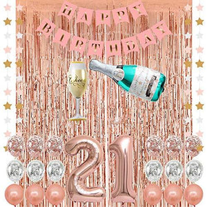 Rose Gold 21 Birthday Party Decorations Supplies, Pink Happy Birthday Banner, 21 Balloons, - Decotree.co Online Shop