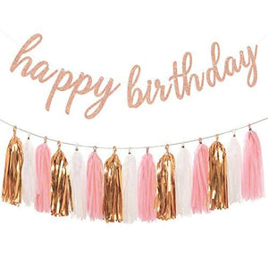 Rose Gold Birthday Party Decorations - Glittery Rose Gold Happy Birthday Banner and Tissue Paper Tassels Garland for Birthday Decorations - Decotree.co Online Shop