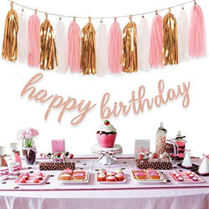 Rose Gold Birthday Party Decorations - Glittery Rose Gold Happy Birthday Banner and Tissue Paper Tassels Garland for Birthday Decorations - Decotree.co Online Shop