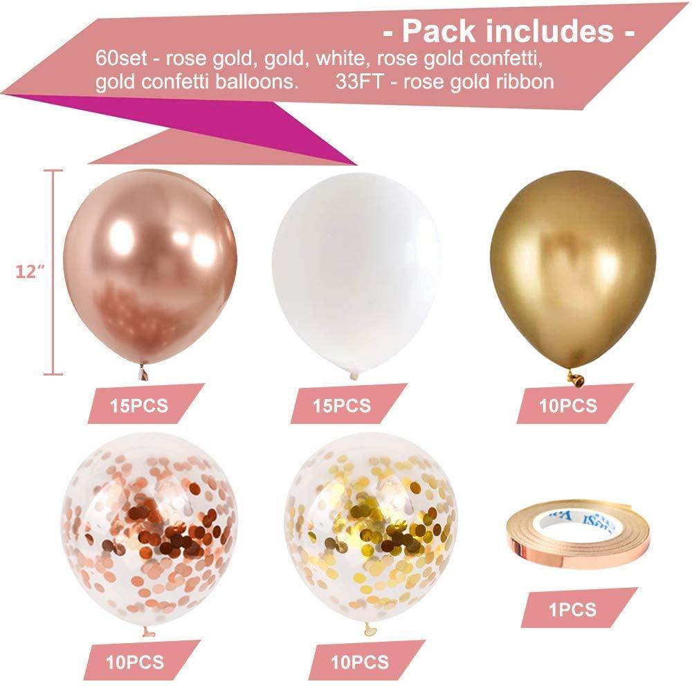 Rose Gold Confetti Latex Balloons, 60 pcs 12 inch White Metallic Gold Party Balloon with 33 Ft Ribbon - Decotree.co Online Shop