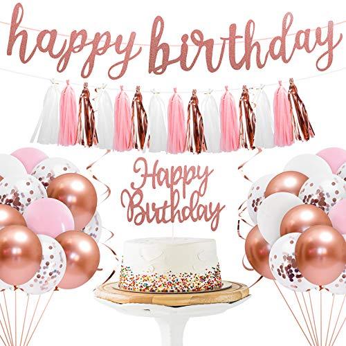 Rose Gold Pink Birthday Party Decorations Set with Happy Birthday Banner, Cake Topper - Decotree.co Online Shop