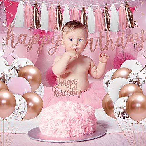 Rose Gold Pink Birthday Party Decorations Set with Happy Birthday Banner, Cake Topper - Decotree.co Online Shop