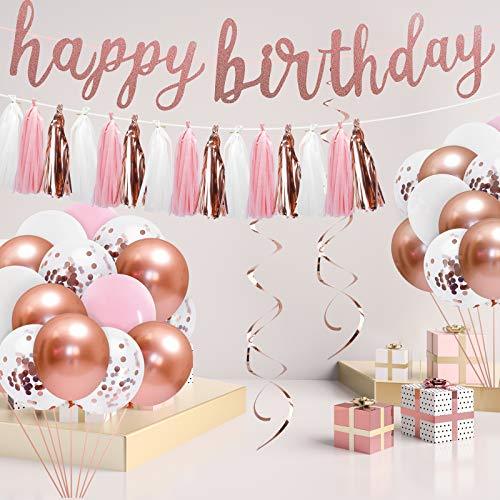 Rose Gold Pink Birthday Party Decorations Set with Happy Birthday Banner, Cake Topper - Decotree.co Online Shop