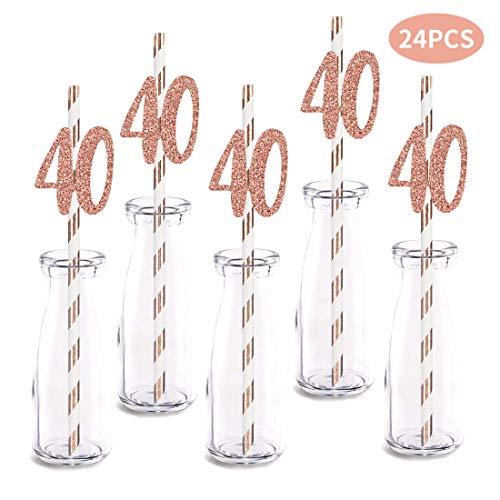 Rose Happy 40th Birthday Straw Decor, Rose Gold Glitter 24pcs Number 40 Party Drinking Decorative Straws - Decotree.co Online Shop