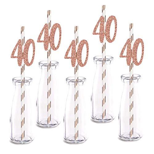 Rose Happy 40th Birthday Straw Decor, Rose Gold Glitter 24pcs Number 40 Party Drinking Decorative Straws - Decotree.co Online Shop