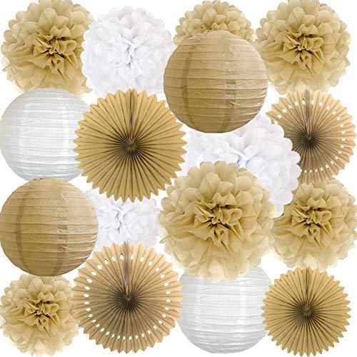 Rustic Paper Party Decorations for Bridal Baby Shower Birthday Wedding, Pom Poms Paper Fans Lanterns, White and Tan - Decotree.co Online Shop