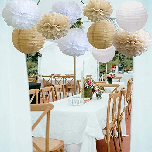 Rustic Paper Party Decorations for Bridal Baby Shower Birthday Wedding, Pom Poms Paper Fans Lanterns, White and Tan - Decotree.co Online Shop