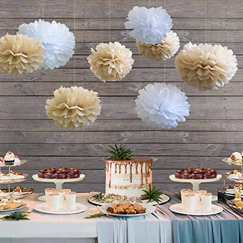 Rustic Paper Party Decorations for Bridal Baby Shower Birthday Wedding, Pom Poms Paper Fans Lanterns, White and Tan - Decotree.co Online Shop