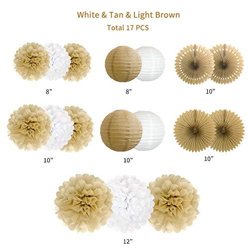 Rustic Paper Party Decorations for Bridal Baby Shower Birthday Wedding, Pom Poms Paper Fans Lanterns, White and Tan - Decotree.co Online Shop