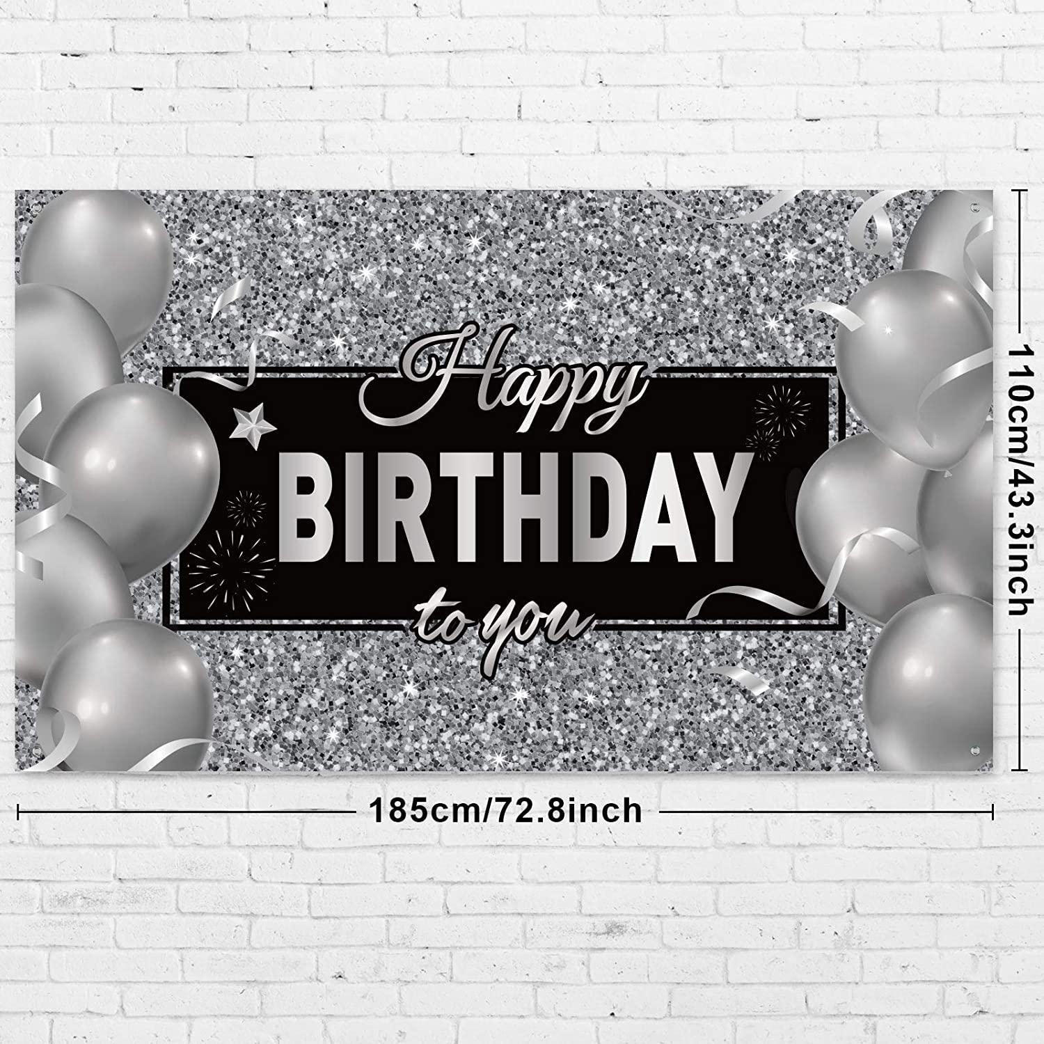 Silver Happy Birthday Banner Backdrop Silver Birthday Party Decorations Black White Balloons - Decotree.co Online Shop