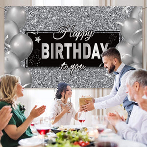 Silver Happy Birthday Banner Backdrop Silver Birthday Party Decorations Black White Balloons - Decotree.co Online Shop