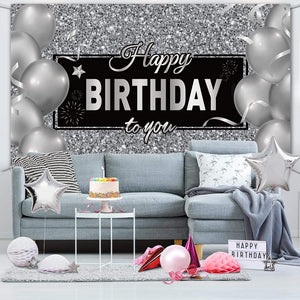 Silver Happy Birthday Banner Backdrop Silver Birthday Party Decorations Black White Balloons - Decotree.co Online Shop