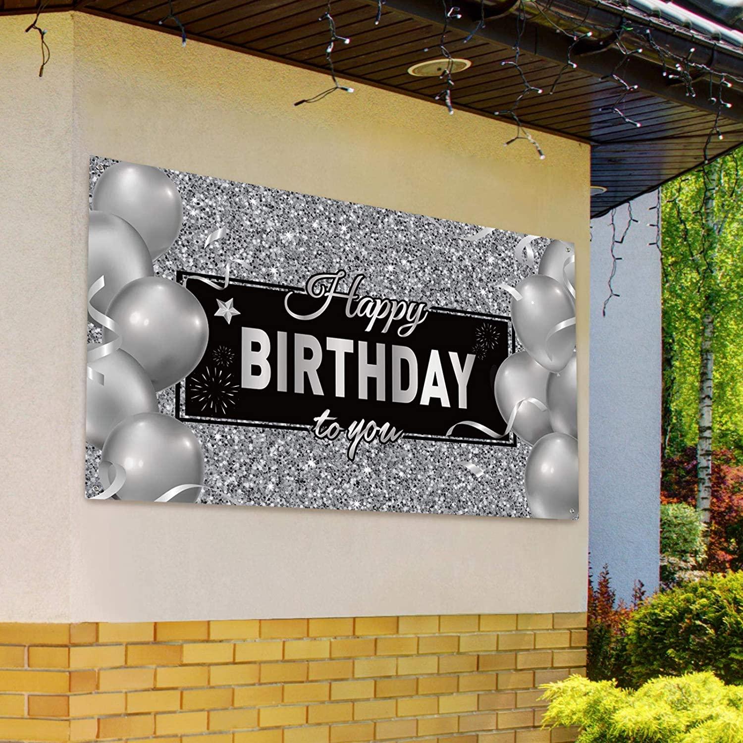 Silver Happy Birthday Banner Backdrop Silver Birthday Party Decorations Black White Balloons - Decotree.co Online Shop