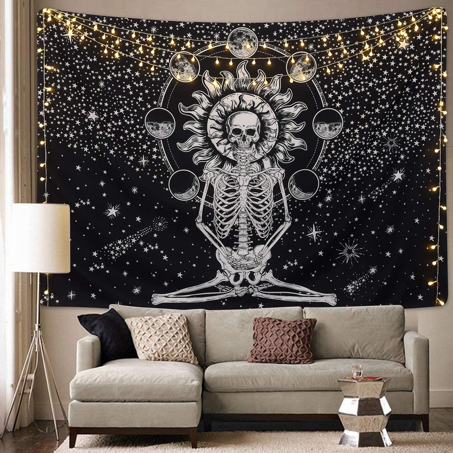 Skull Tapestry The Kissing Lovers Tapestry Black Tarot Tapestry Human Skeleton Tapestry for Room - Decotree.co Online Shop