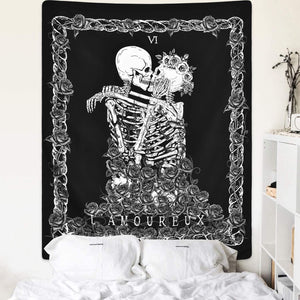 Skull Tapestry The Kissing Lovers Tapestry Black Tarot Tapestry Human Skeleton Tapestry for Room - Decotree.co Online Shop