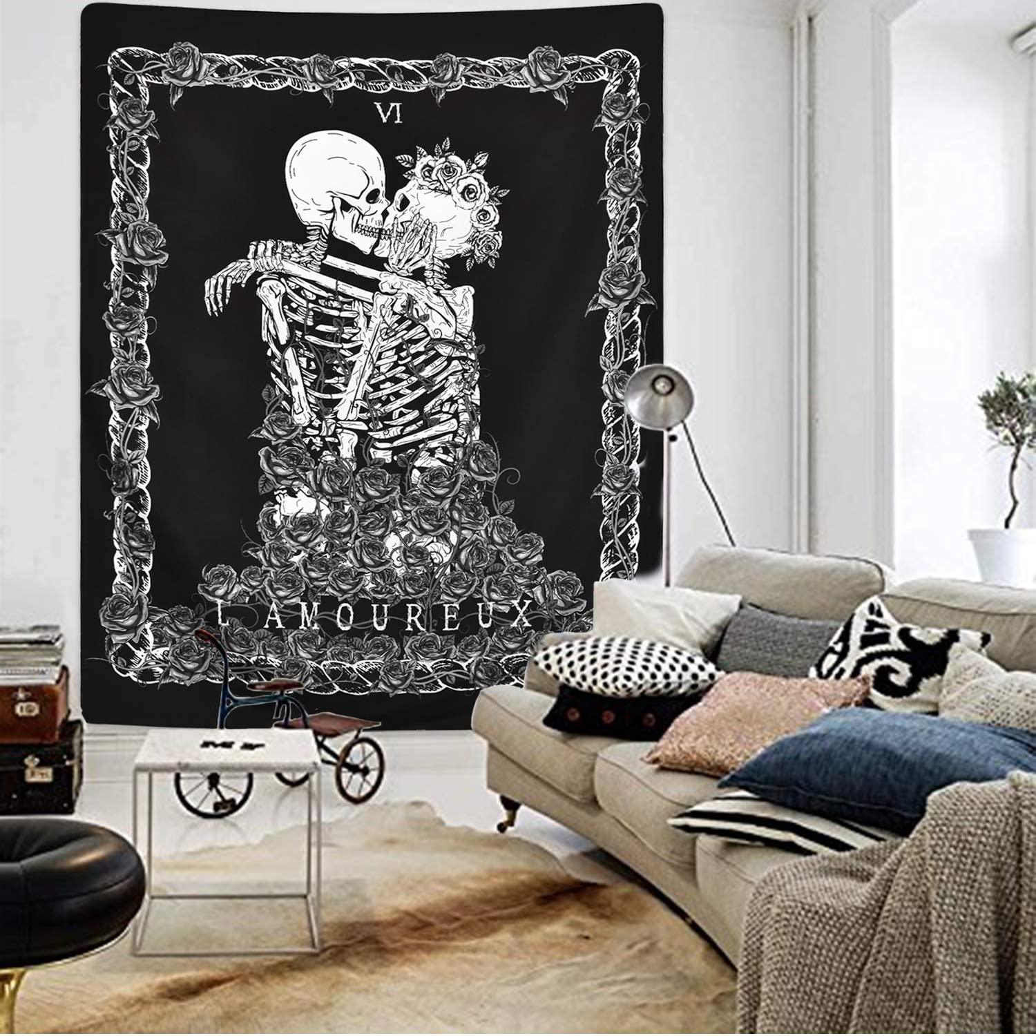 Skull Tapestry The Kissing Lovers Tapestry Black Tarot Tapestry Human Skeleton Tapestry for Room - Decotree.co Online Shop