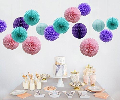 Teal Lavender Purple Pink Party Decorations 16pcs Paper Pom Poms Honeycomb Balls Blue Lanterns Tissue Fans for Wedding Birthday Baby Shower Frozen Party Supplies - Decotree.co Online Shop