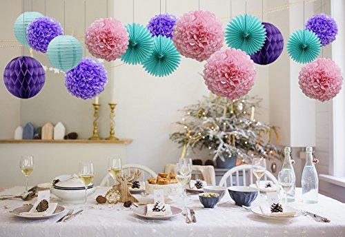 Teal Lavender Purple Pink Party Decorations 16pcs Paper Pom Poms Honeycomb Balls Blue Lanterns Tissue Fans for Wedding Birthday Baby Shower Frozen Party Supplies - Decotree.co Online Shop