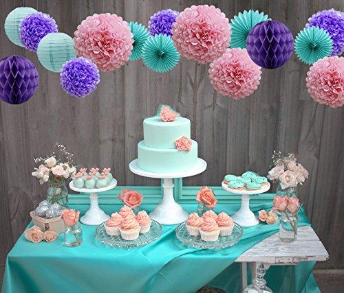 Teal Lavender Purple Pink Party Decorations 16pcs Paper Pom Poms Honeycomb Balls Blue Lanterns Tissue Fans for Wedding Birthday Baby Shower Frozen Party Supplies - Decotree.co Online Shop