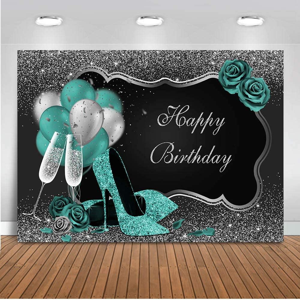 Teal Silver Happy Birthday Backdrop Glitter Green Balloons High Heels Champagne Woman's Birthday Photography Background - Decotree.co Online Shop