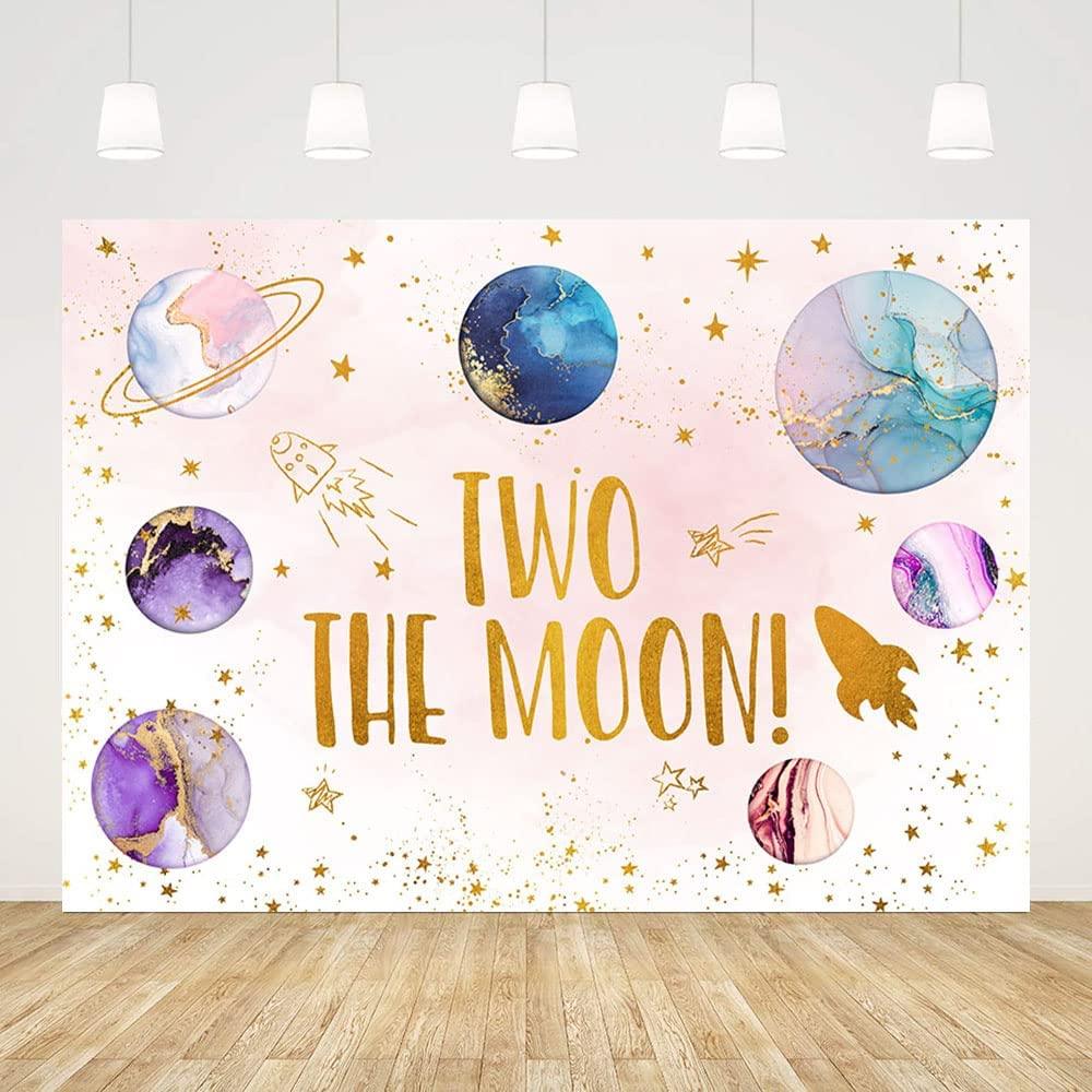 Two The Moon Backdrop Outer Space 2nd Birthday Decorations for Girls Rocket Planet Purple Galaxy Photography Background - Decotree.co Online Shop