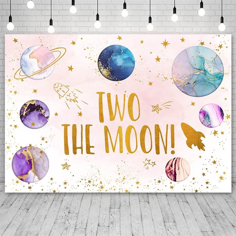 Two The Moon Backdrop Outer Space 2nd Birthday Decorations for Girls Rocket Planet Purple Galaxy Photography Background - Decotree.co Online Shop