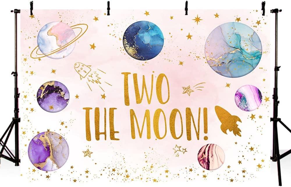 Two The Moon Backdrop Outer Space 2nd Birthday Decorations for Girls Rocket Planet Purple Galaxy Photography Background - Decotree.co Online Shop