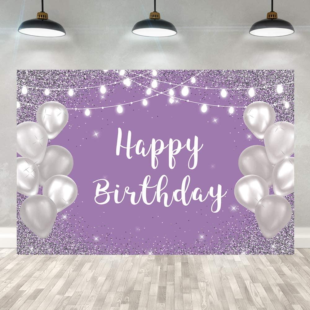 Violet Purple Silver Happy Birthday Photo Backdrop Silver Balloon White Lights Girls 16th 18th 30th Birthday Party Banner - Decotree.co Online Shop