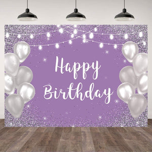 Violet Purple Silver Happy Birthday Photo Backdrop Silver Balloon White Lights Girls 16th 18th 30th Birthday Party Banner - Decotree.co Online Shop