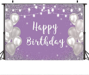 Violet Purple Silver Happy Birthday Photo Backdrop Silver Balloon White Lights Girls 16th 18th 30th Birthday Party Banner - Decotree.co Online Shop