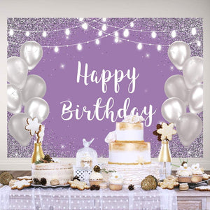 Violet Purple Silver Happy Birthday Photo Backdrop Silver Balloon White Lights Girls 16th 18th 30th Birthday Party Banner - Decotree.co Online Shop