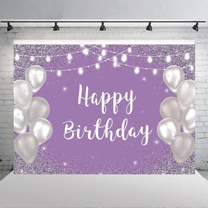 Violet Purple Silver Happy Birthday Photo Backdrop Silver Balloon White Lights Girls 16th 18th 30th Birthday Party Banner - Decotree.co Online Shop