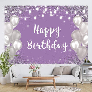 Violet Purple Silver Happy Birthday Photo Backdrop Silver Balloon White Lights Girls 16th 18th 30th Birthday Party Banner - Decotree.co Online Shop