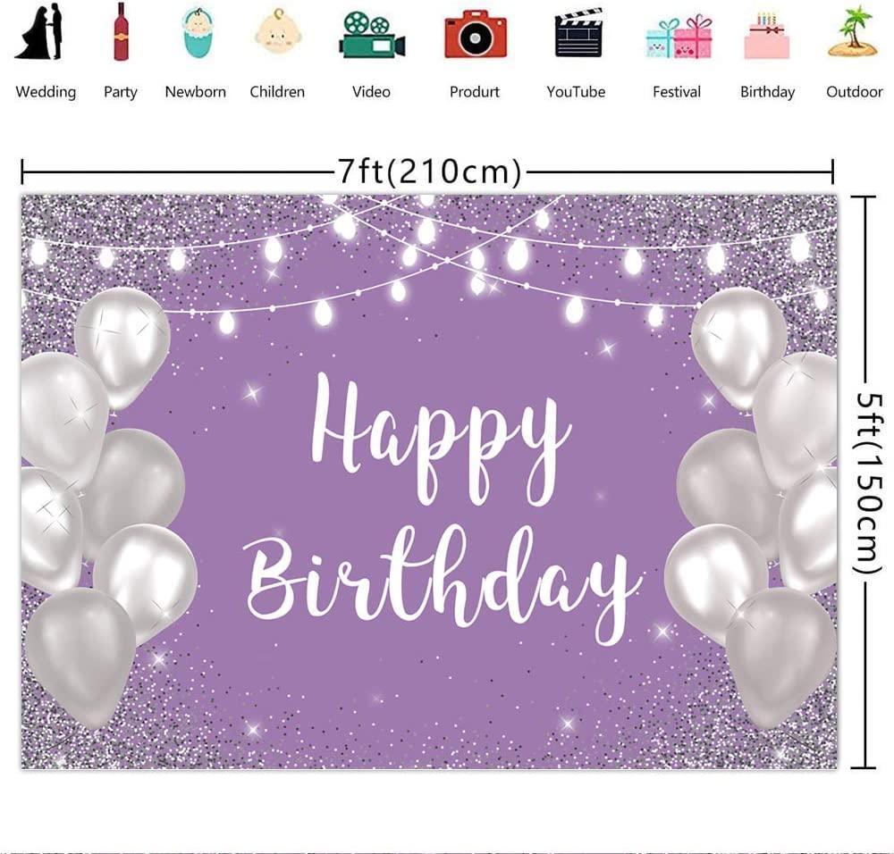 Violet Purple Silver Happy Birthday Photo Backdrop Silver Balloon White Lights Girls 16th 18th 30th Birthday Party Banner - Decotree.co Online Shop