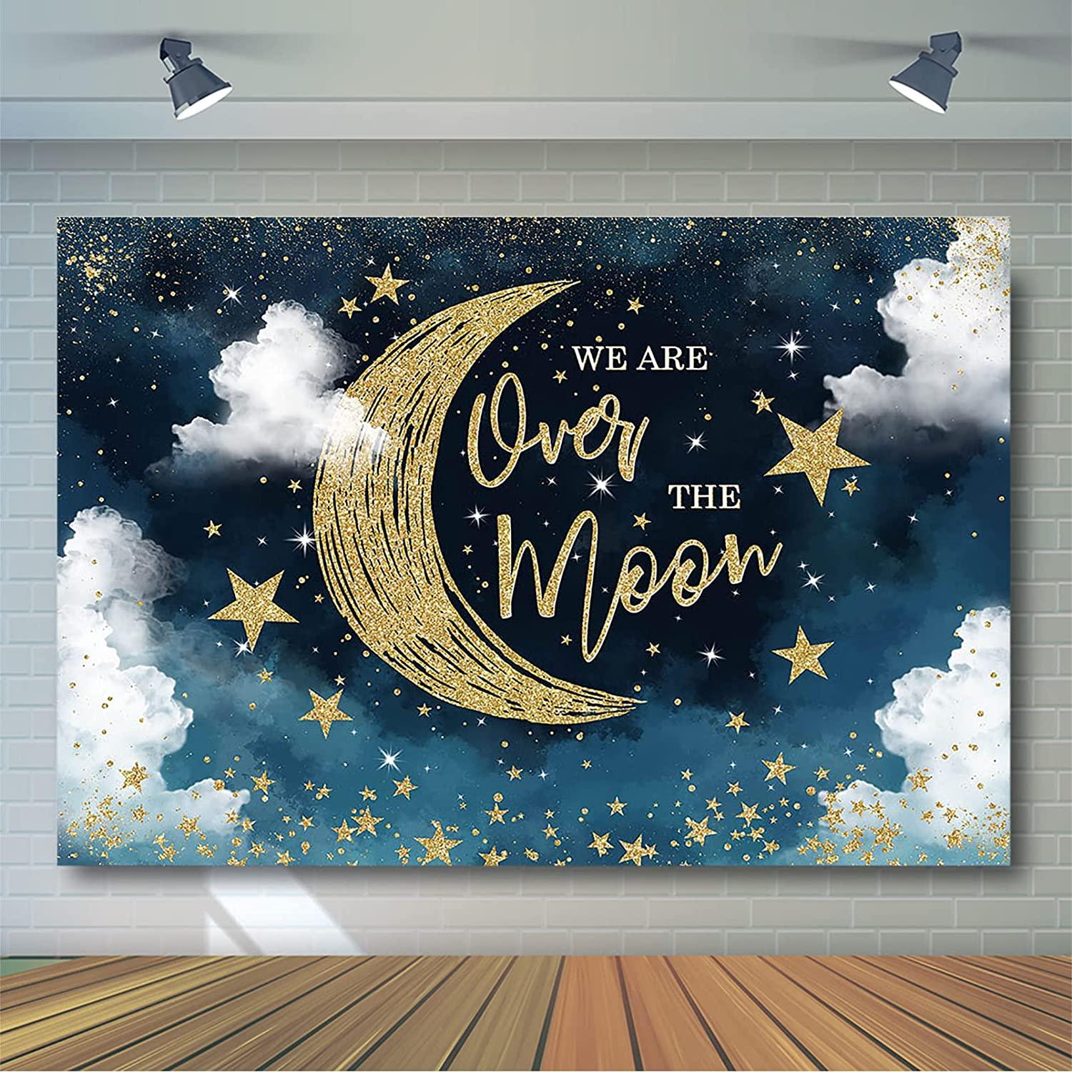 We are Over The Moon Baby Shower Backdrop Moon and Stars Starry Night Celestial Baby Shower Party Decorations - Decotree.co Online Shop