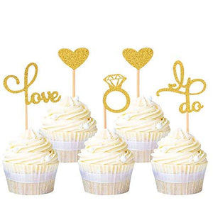 Wedding Bridal Shower Cupcake Toppers- Gold Glitter Diamond Ring Love I Do Heart Cupcake Topper Picks for Wedding Engagement Bridal Shower - Decotree.co Online Shop